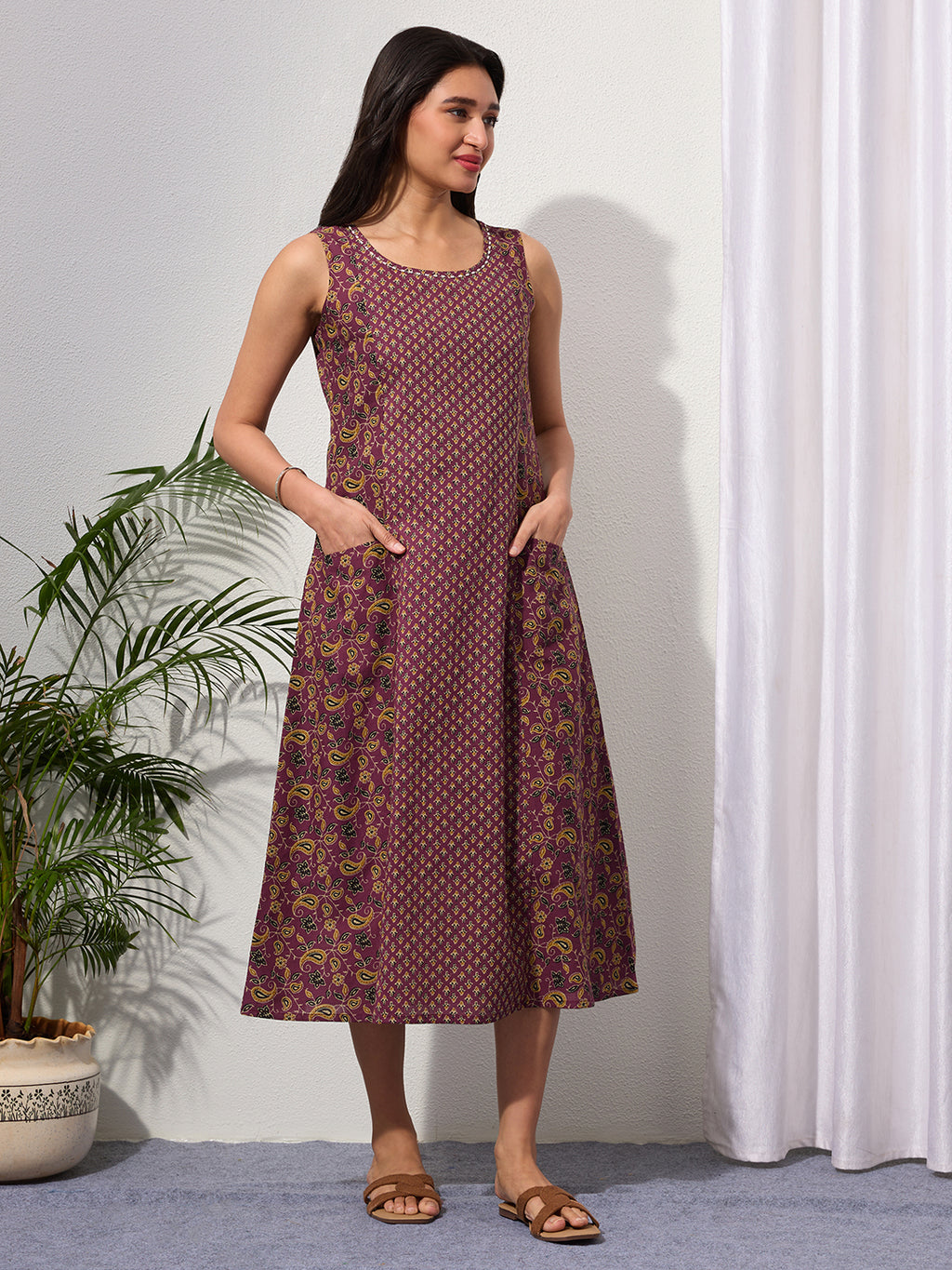 Mauve Wine Paisley & Buti Print Cotton Sleeveless Dress with Front Pockets