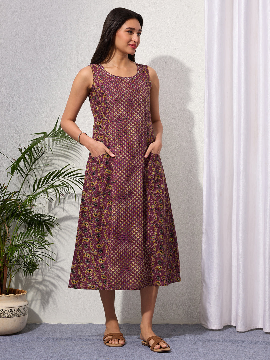 Mauve Wine Paisley & Buti Print Cotton Sleeveless Dress with Front Pockets