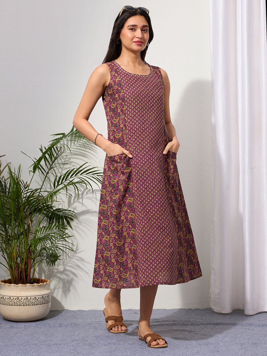 Mauve Wine Paisley & Buti Print Cotton Sleeveless Dress with Front Pockets