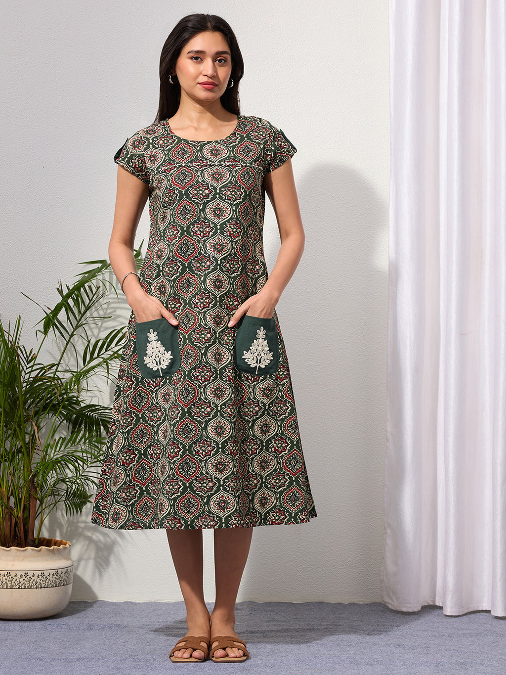 Clover Green Ethnic Motifs Midi Dress with Embroidered Patch Pockets & Shoulder Tabs