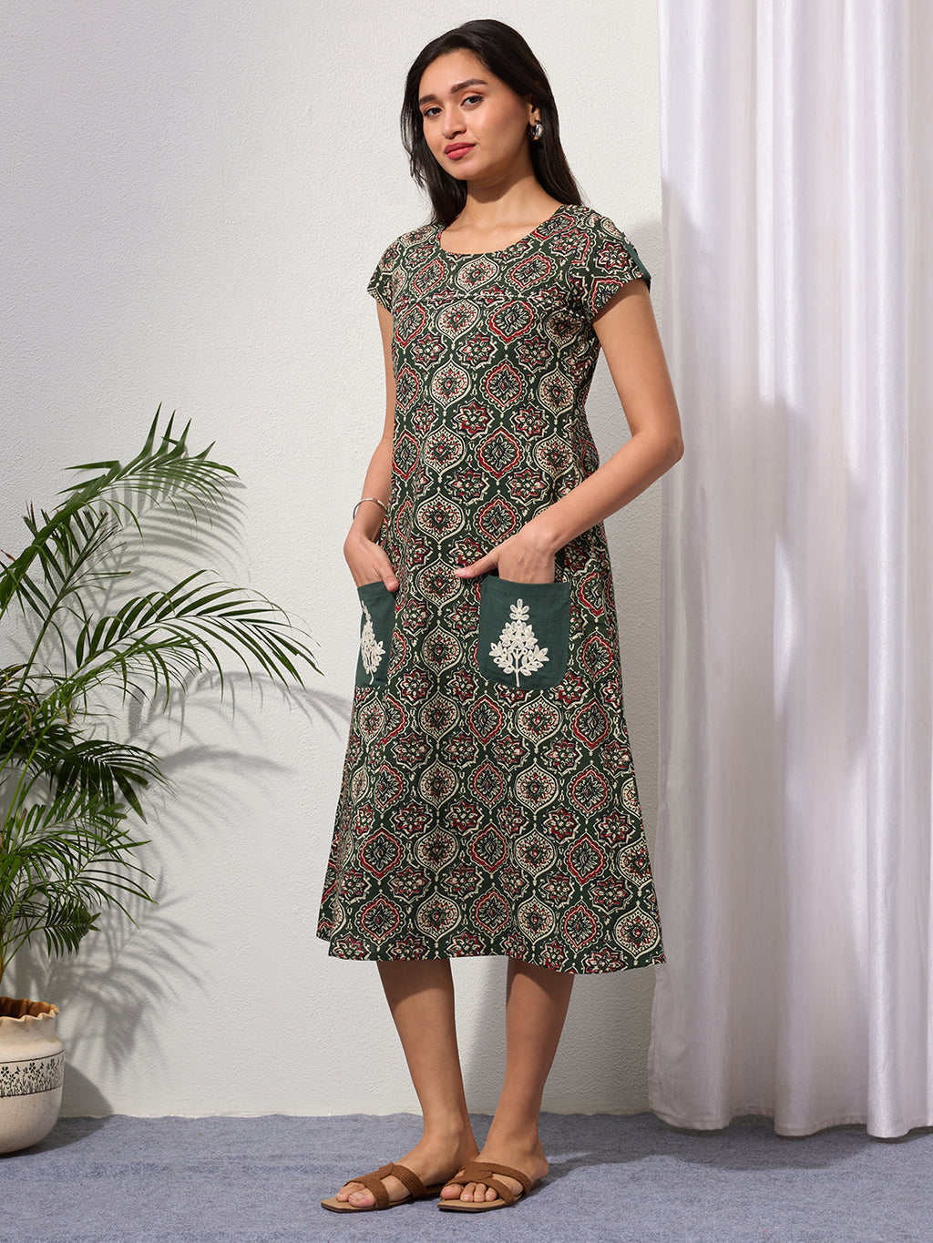 Clover Green Ethnic Motifs Midi Dress with Embroidered Patch Pockets & Shoulder Tabs