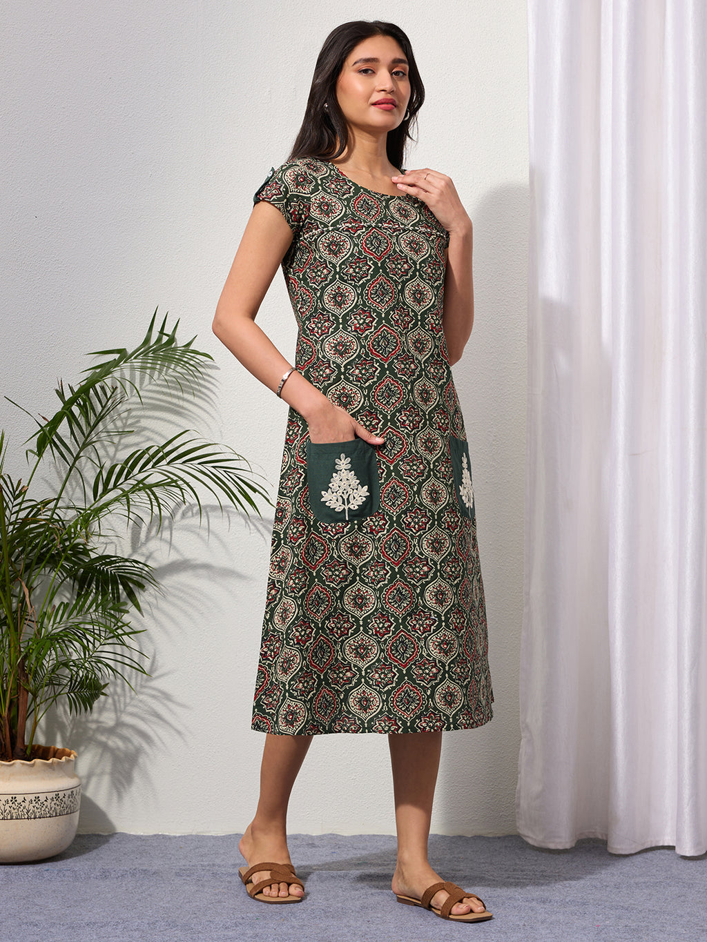 Clover Green Ethnic Motifs Midi Dress with Embroidered Patch Pockets & Shoulder Tabs