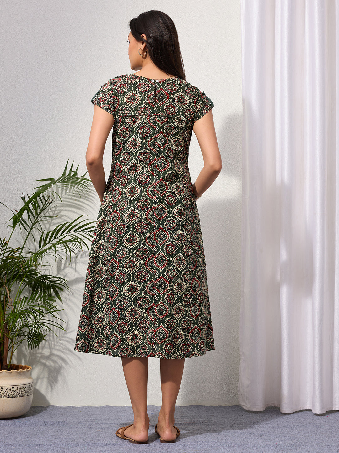 Clover Green Ethnic Motifs Midi Dress with Embroidered Patch Pockets & Shoulder Tabs