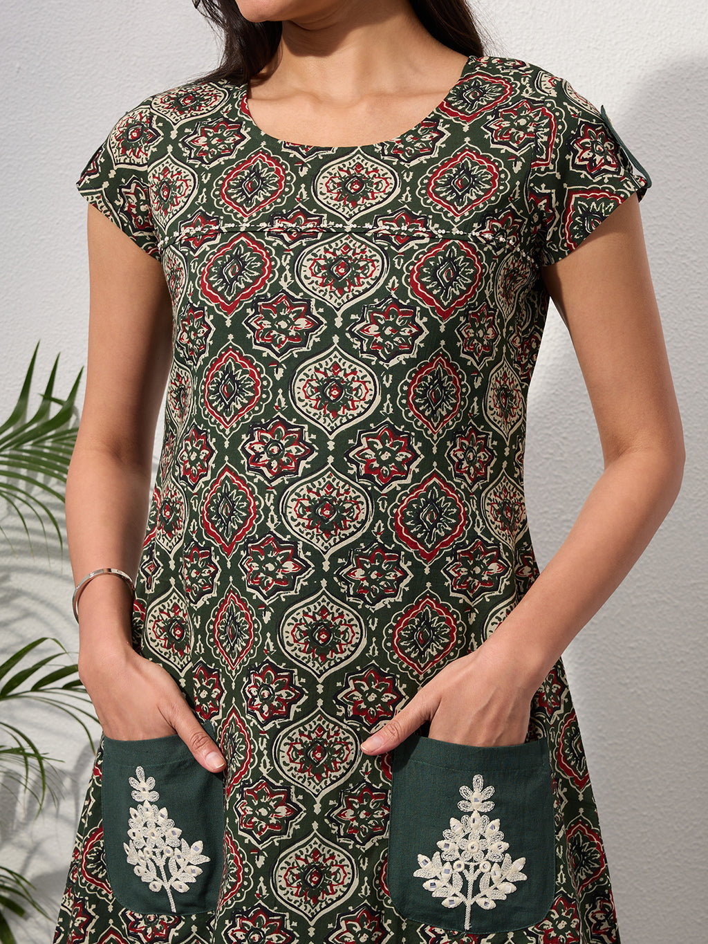 Clover Green Ethnic Motifs Midi Dress with Embroidered Patch Pockets & Shoulder Tabs