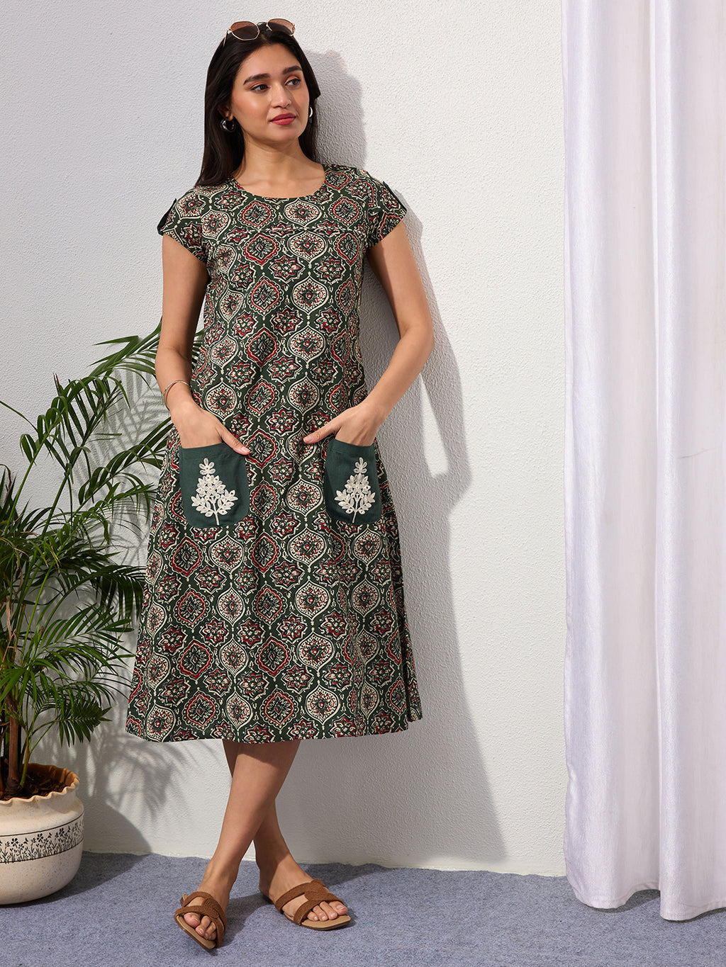 Clover Green Ethnic Motifs Midi Dress with Embroidered Patch Pockets & Shoulder Tabs