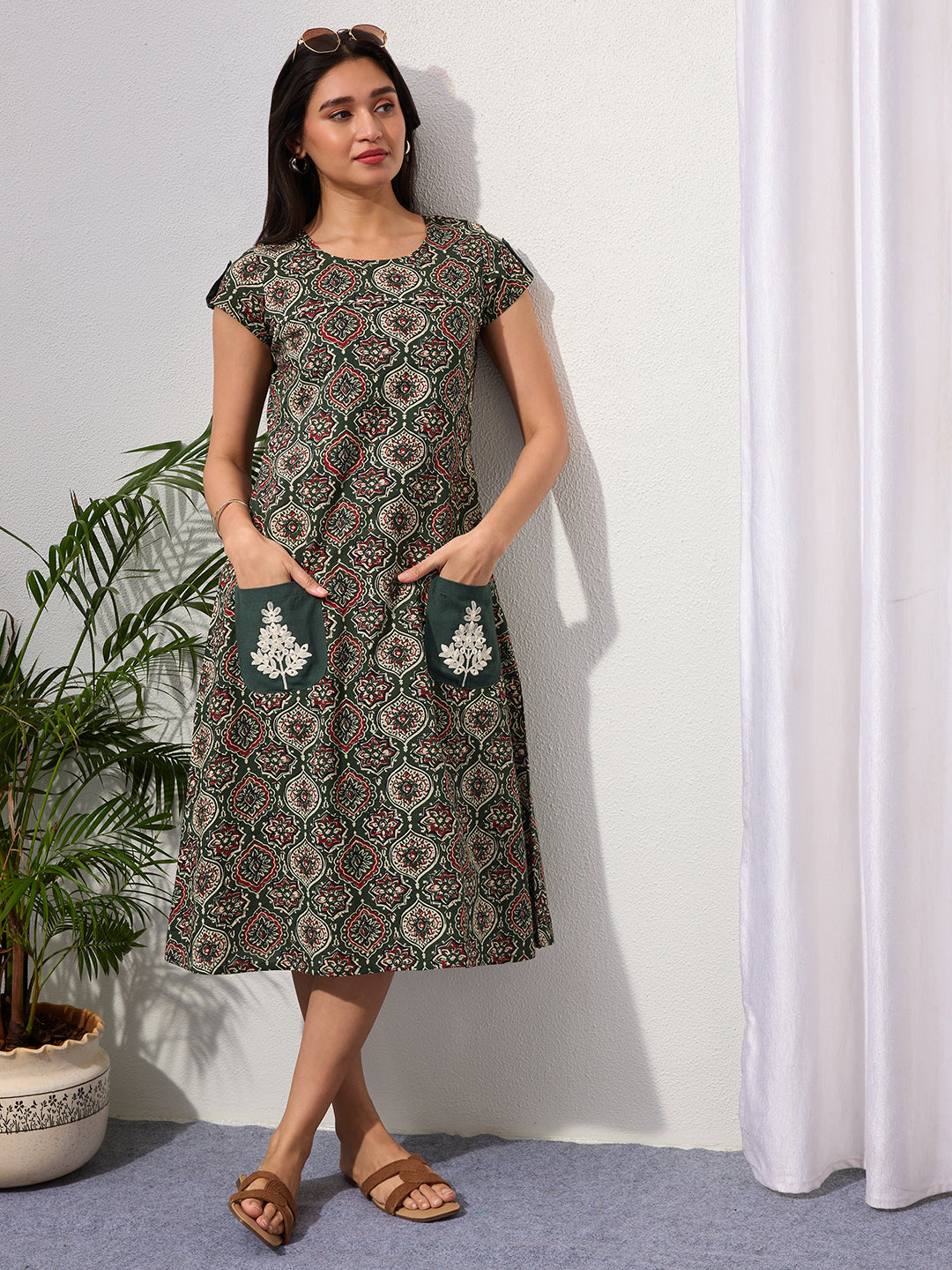 Clover Green Ethnic Motifs Midi Dress with Embroidered Patch Pockets & Shoulder Tabs