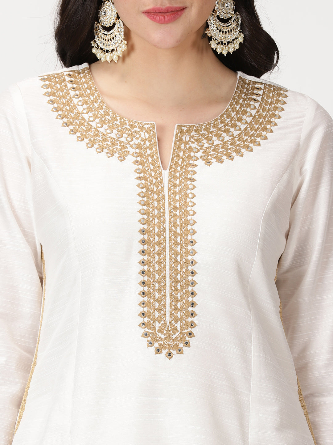 White Art Silk Kurta with Embroidery & Lace Details