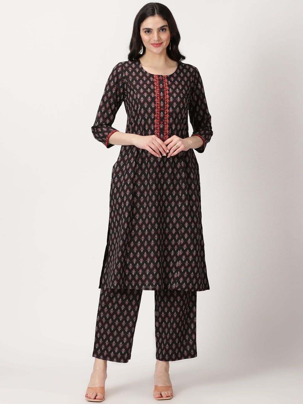 Black Ethnic Motifs Print  Kurta with Embroidery Details