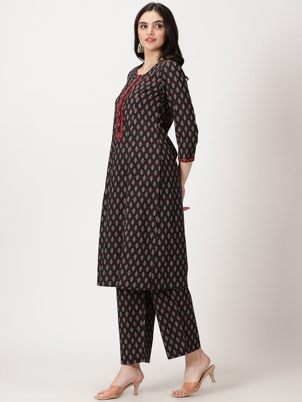 Black Ethnic Motifs Print  Kurta with Embroidery Details