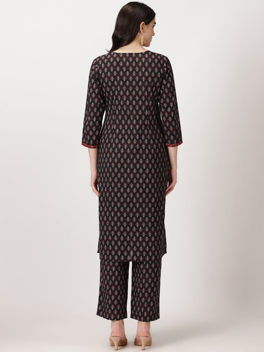 Black Ethnic Motifs Print  Kurta with Embroidery Details