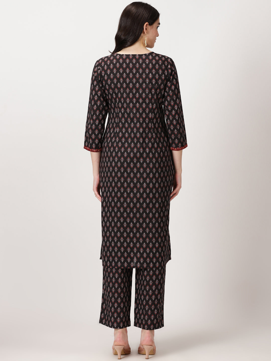 Black Ethnic Motifs Print  Kurta with Embroidery Details