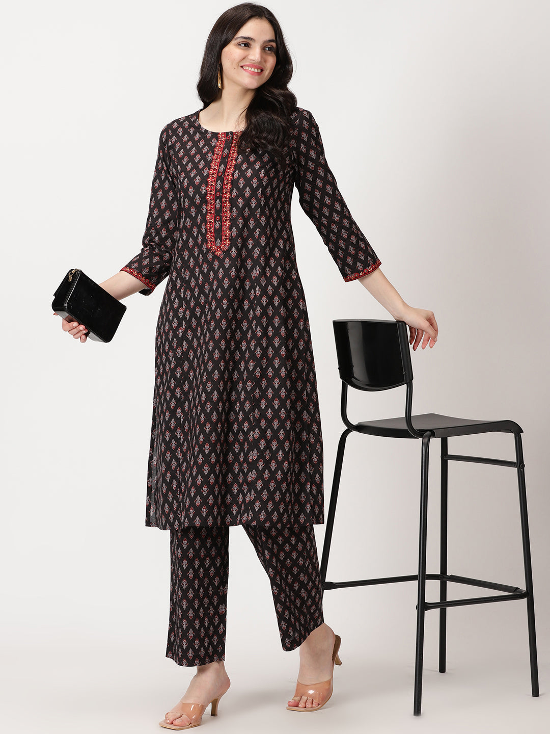 Black Ethnic Motifs Print  Kurta with Embroidery Details