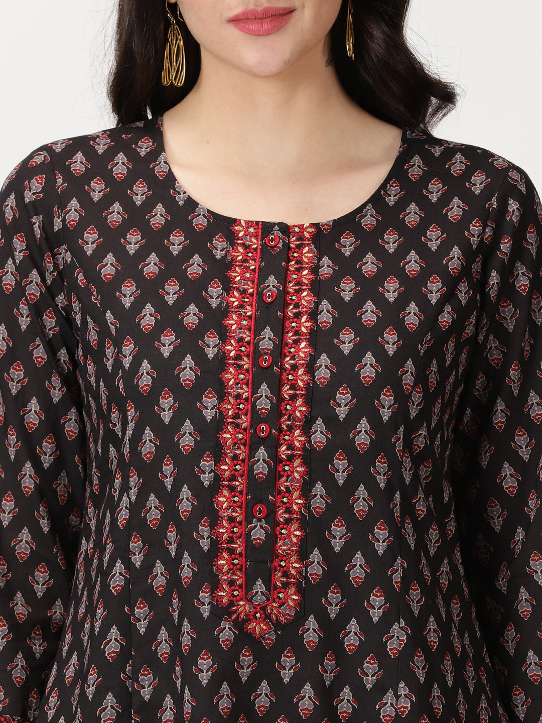 Black Ethnic Motifs Print  Kurta with Embroidery Details