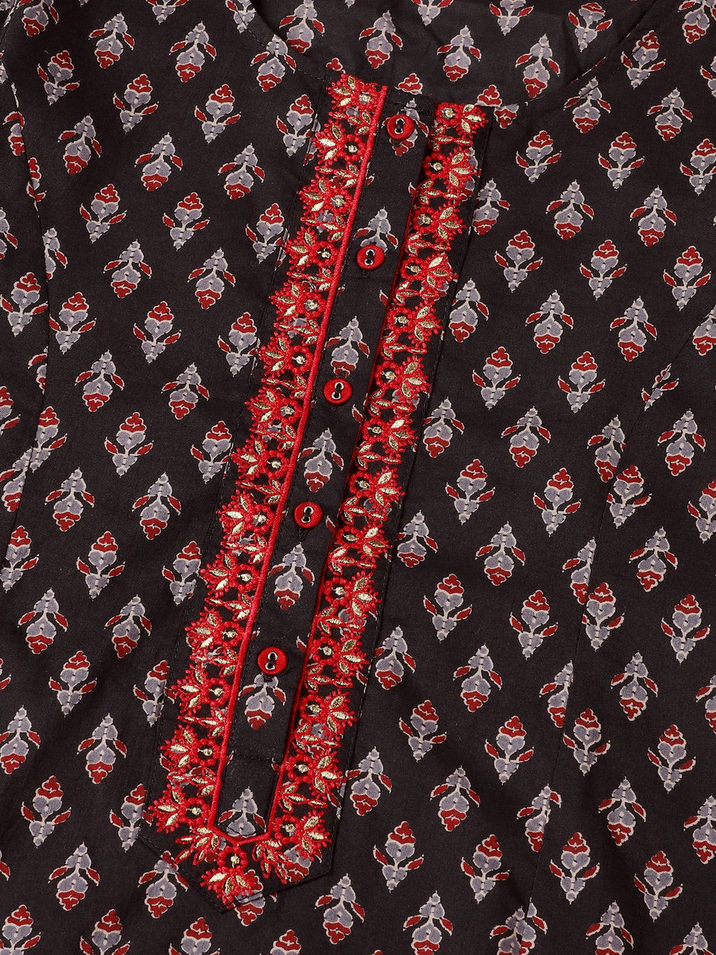Black Ethnic Motifs Print  Kurta with Embroidery Details