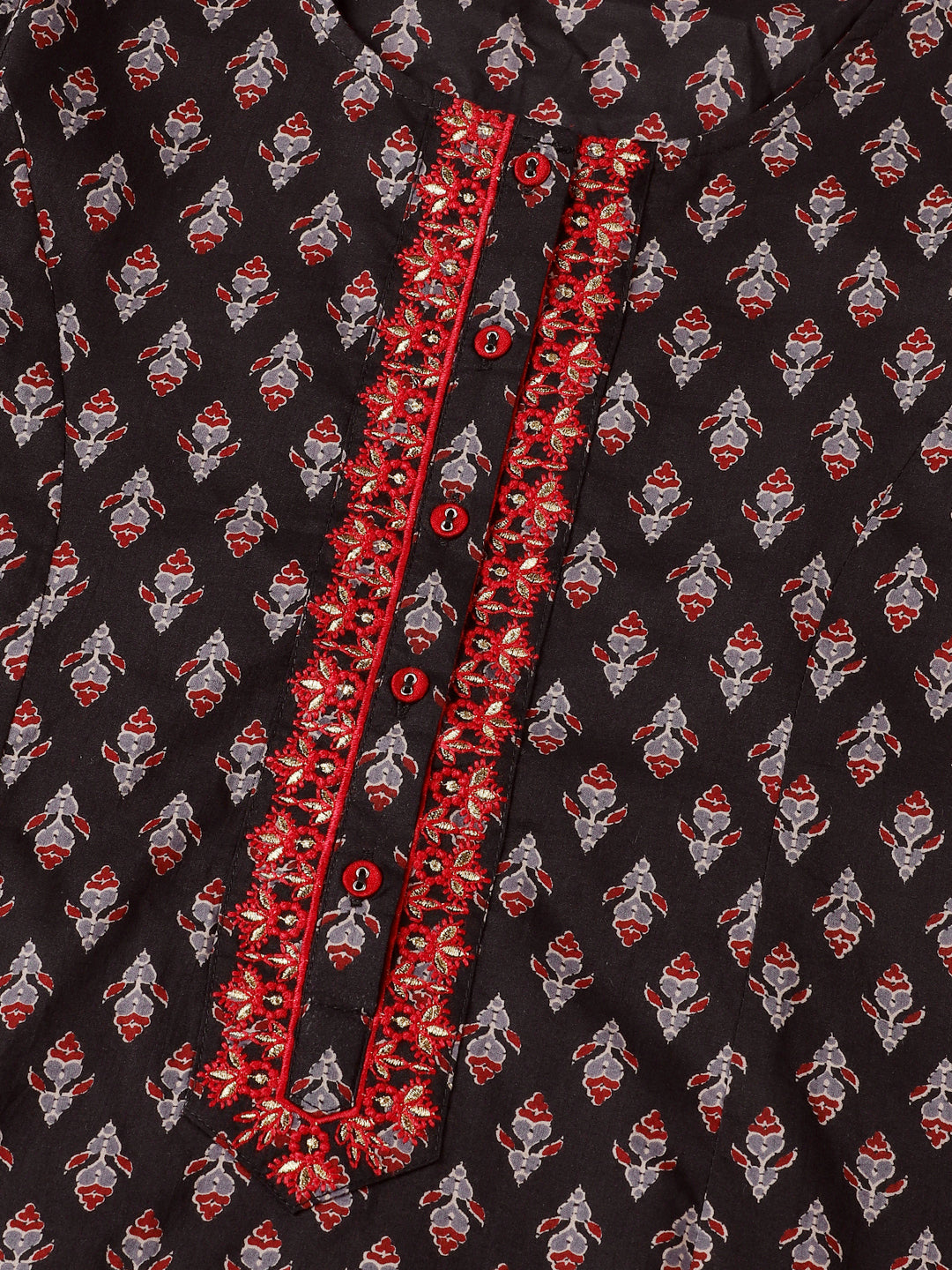 Black Ethnic Motifs Print  Kurta with Embroidery Details