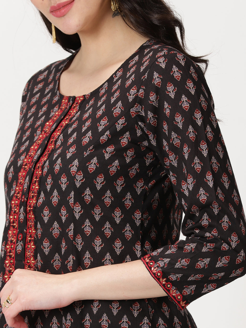 Black Ethnic Motifs Print  Kurta with Embroidery Details