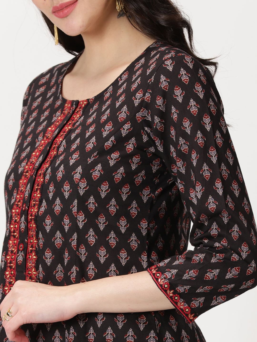 Black Ethnic Motifs Print  Kurta with Embroidery Details
