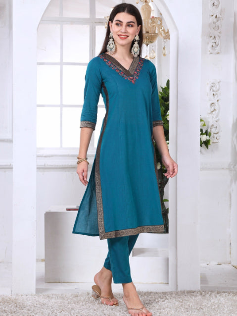 Blue Cotton Embroidered Kurta Set with Brocade Lace