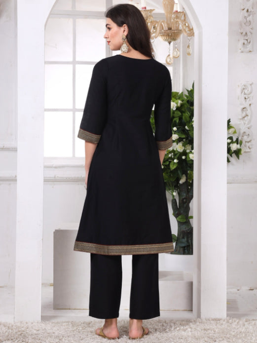 Black Art Silk Embroidered Kurta Set with Brocade Lace