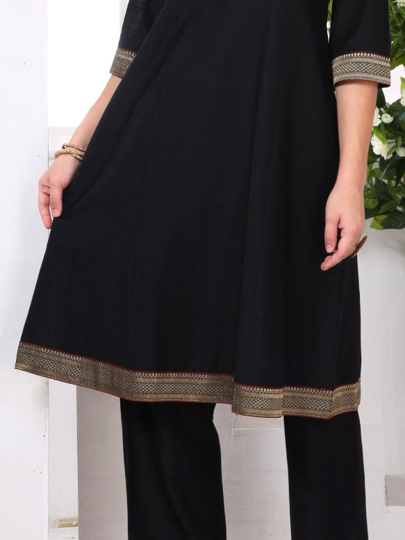 Black Art Silk Embroidered Kurta Set with Brocade Lace
