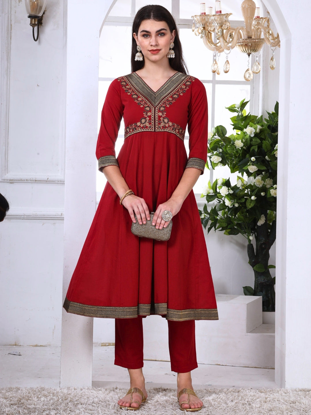 Red Cotton Embroidered Kurta Set with Brocade Lace and Neck Embroidery