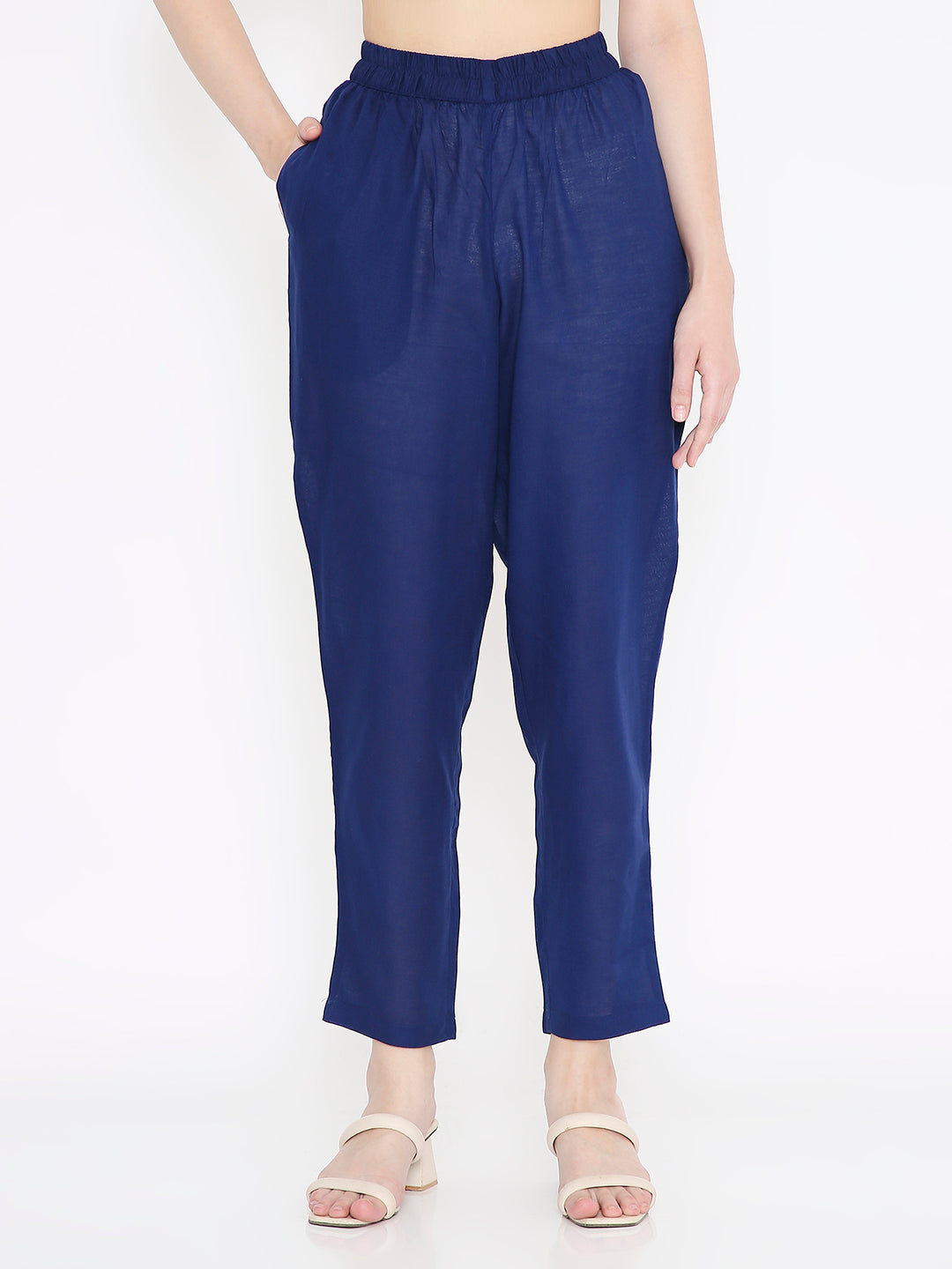 Royal Blue Cotton Straight Fit Slip-on Trouser