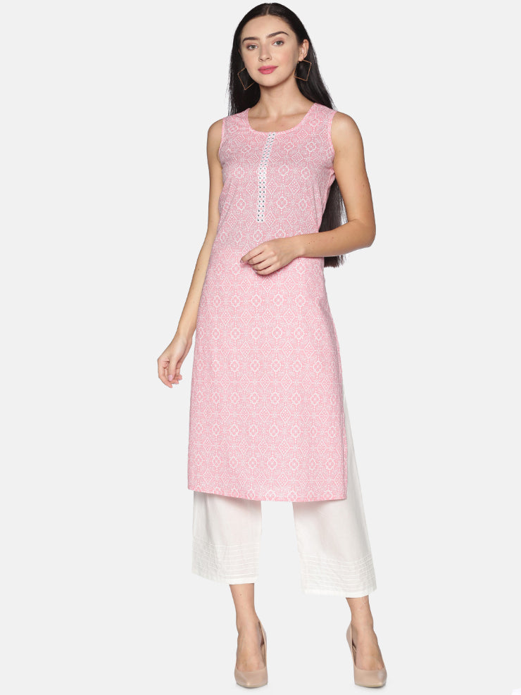 Pink Cotton Bandhani Khari Printed Kurta With Embroidery Placket
