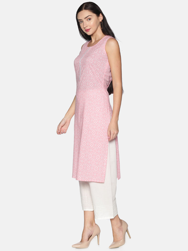 Pink Cotton Bandhani Khari Printed Kurta With Embroidery Placket