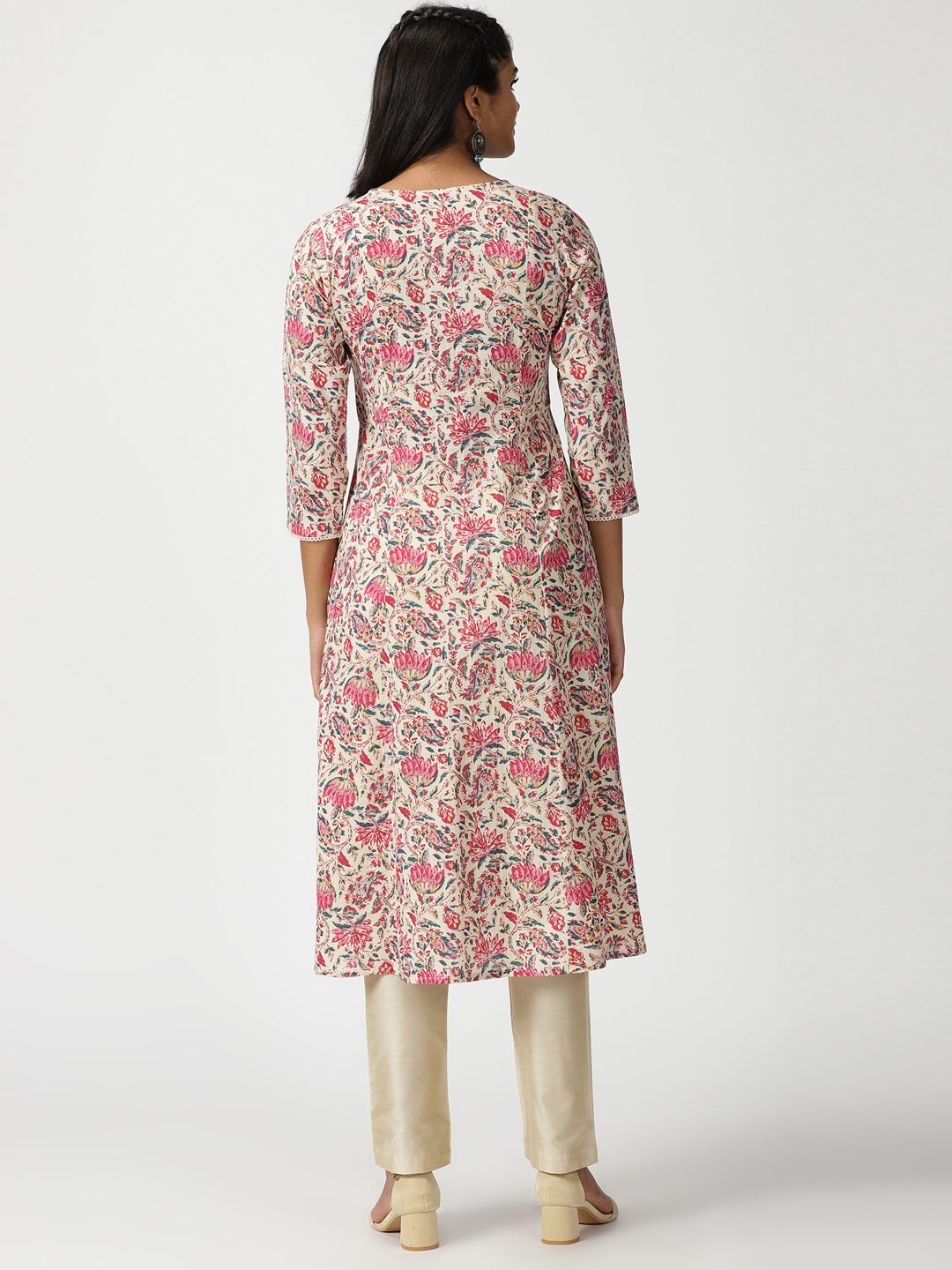 Pink Floral Printed Cotton Kurta with Yoke Embroidery