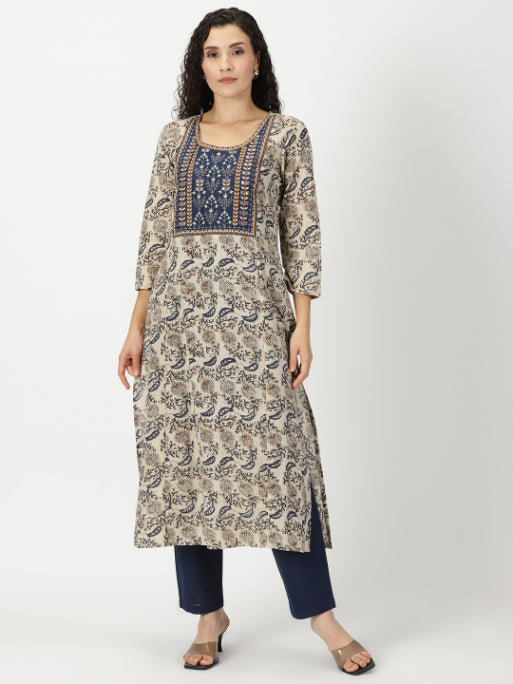 Blue Paisley Print Kurta with Yoke Embroidery