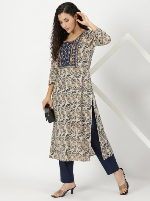 Blue Paisley Print Kurta with Yoke Embroidery