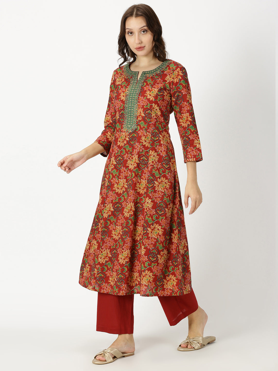 Red Ethnic Floral Print Kurta with Neck Embroidery