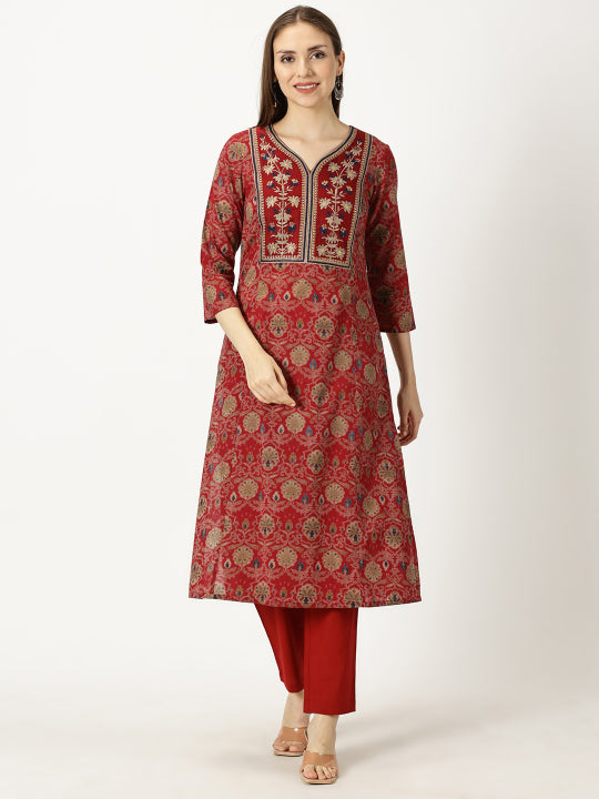 Maroon Ethnic Motifs Printed Cotton Kurta with Neck Embroidery