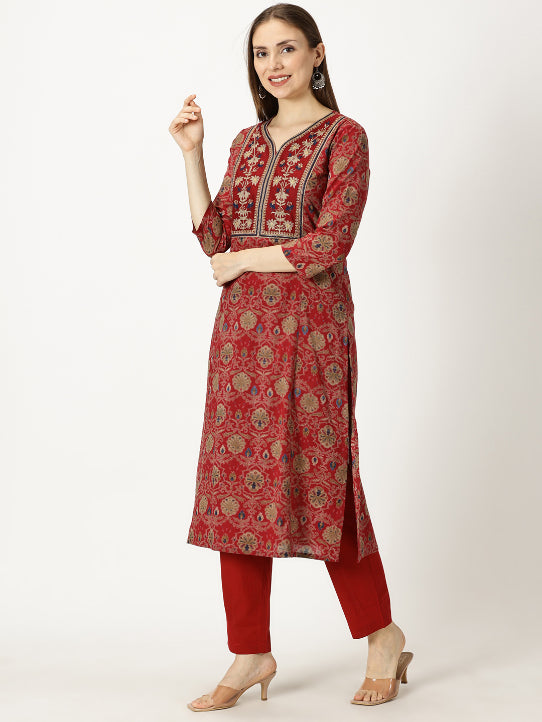 Maroon Ethnic Motifs Printed Cotton Kurta with Neck Embroidery