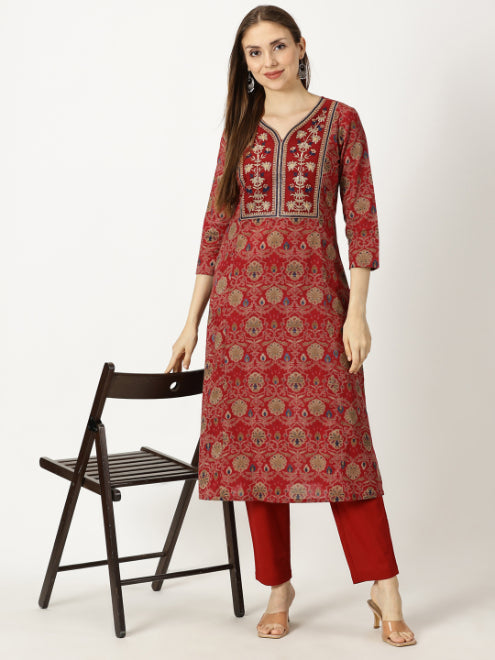 Maroon Ethnic Motifs Printed Cotton Kurta with Neck Embroidery