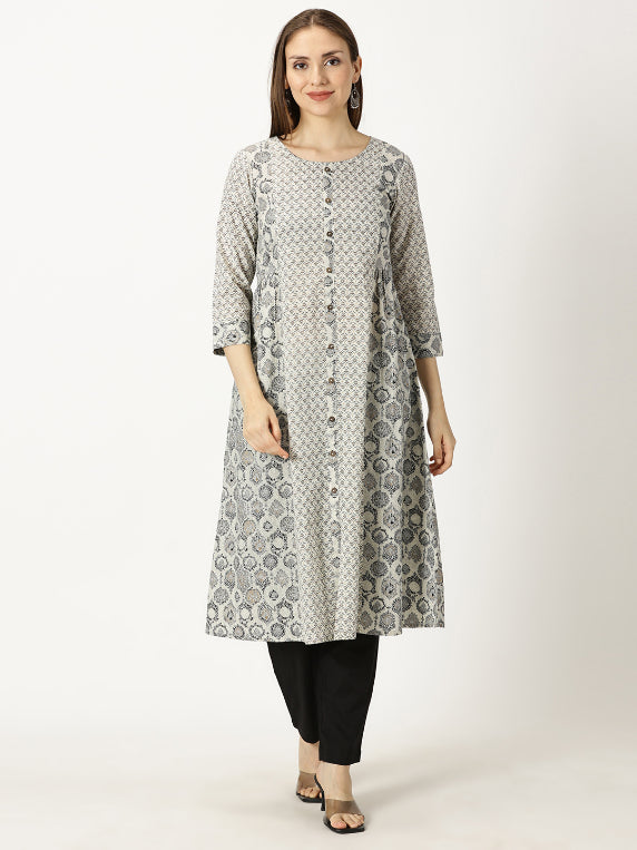 Black and White Cotton Printed Panelled Kurta