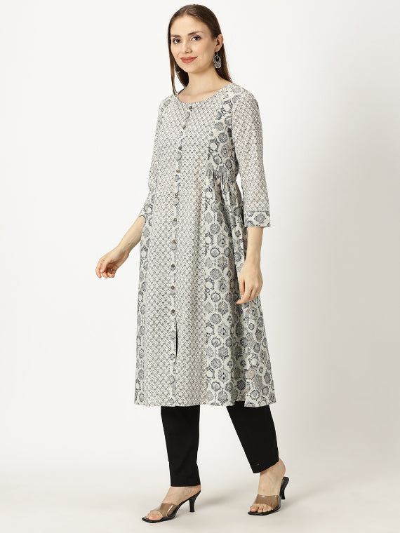 Black and White Cotton Printed Panelled Kurta