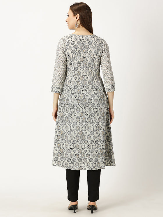 Black and White Cotton Printed Panelled Kurta