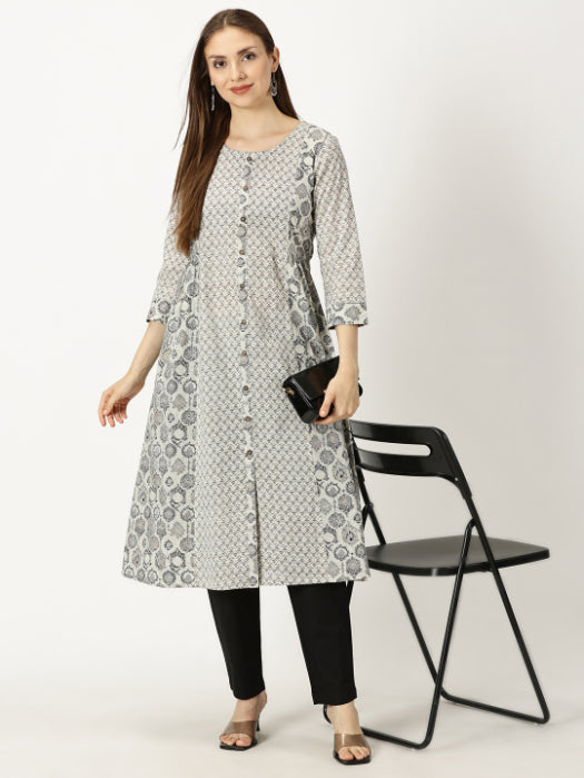 Black and White Cotton Printed Panelled Kurta
