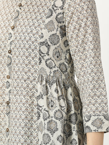 Black and White Cotton Printed Panelled Kurta