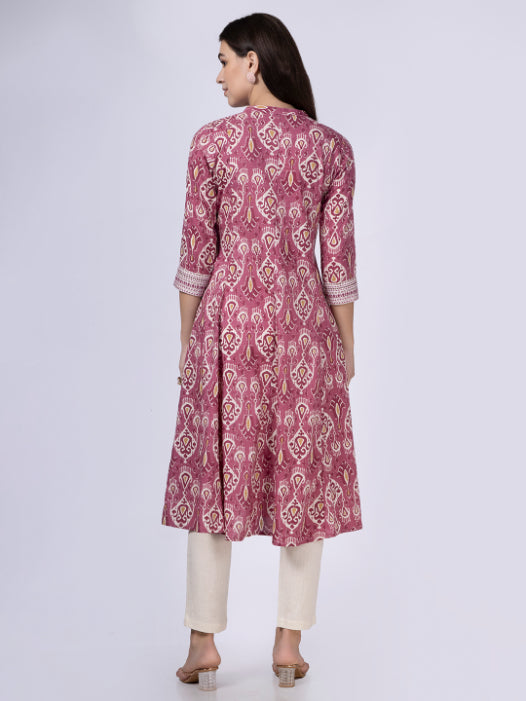 Pink Patola Print Button Down Cotton Kurta