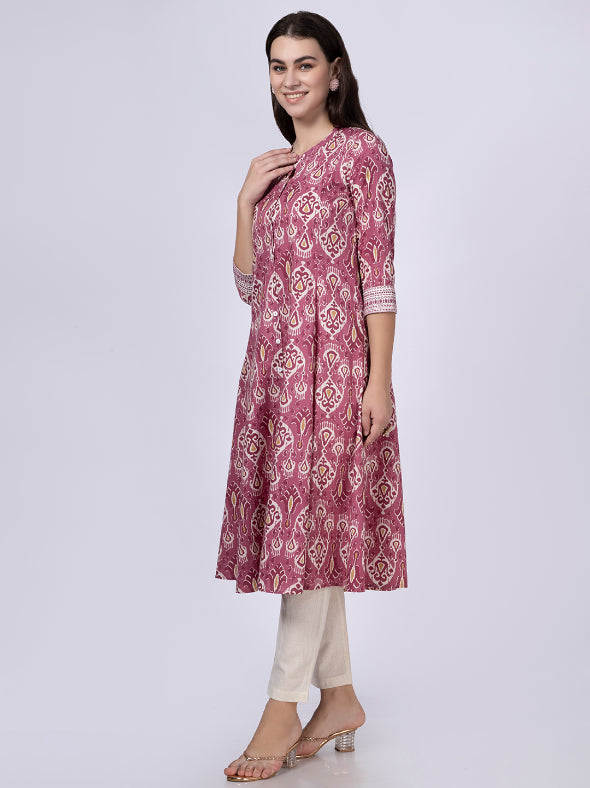Pink Patola Print Button Down Cotton Kurta