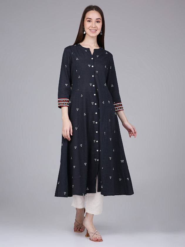 Grey Woven Design Cotton Kurta with Embroidery on Sleeves