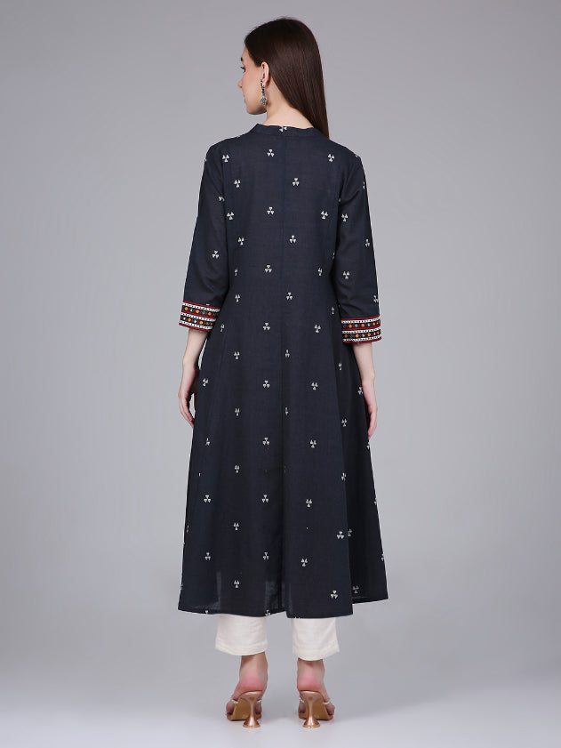 Grey Woven Design Cotton Kurta with Embroidery on Sleeves