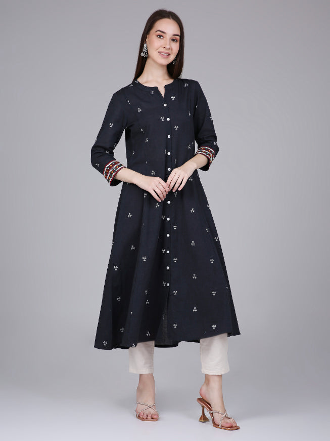 Grey Woven Design Cotton Kurta with Embroidery on Sleeves