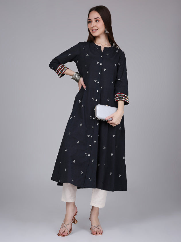 Grey Woven Design Cotton Kurta with Embroidery on Sleeves