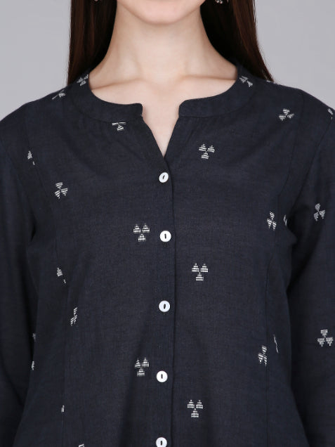 Grey Woven Design Cotton Kurta with Embroidery on Sleeves