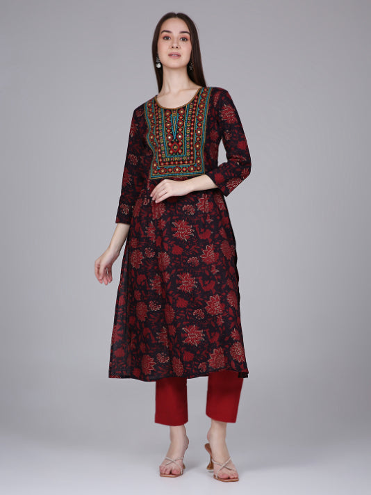 Maroon Neck Embroidery Cotton Kurta with Floral Print
