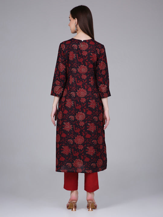 Maroon Neck Embroidery Cotton Kurta with Floral Print
