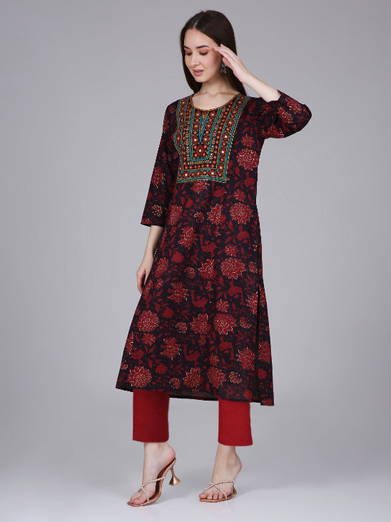 Maroon Neck Embroidery Cotton Kurta with Floral Print